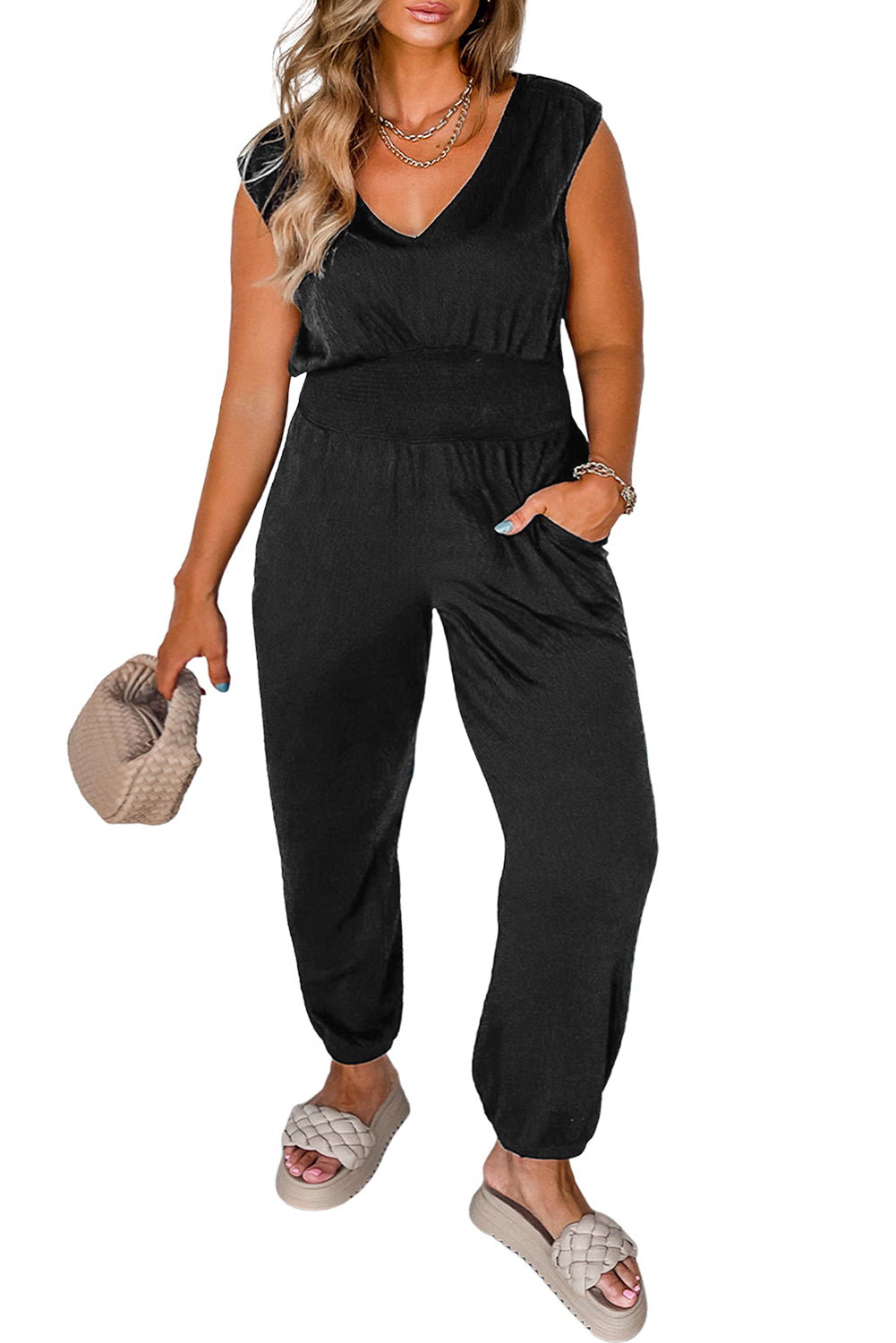 Black Plus Size Smocked High Waist Sleeveless V Neck Jumpsuit