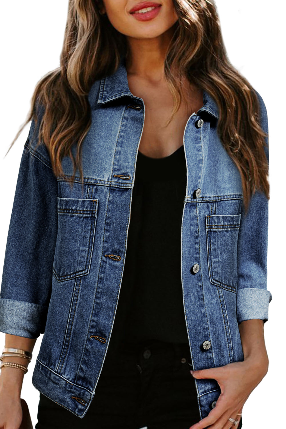 Dark Blue Washed Oversized Pocketed Denim Jacket