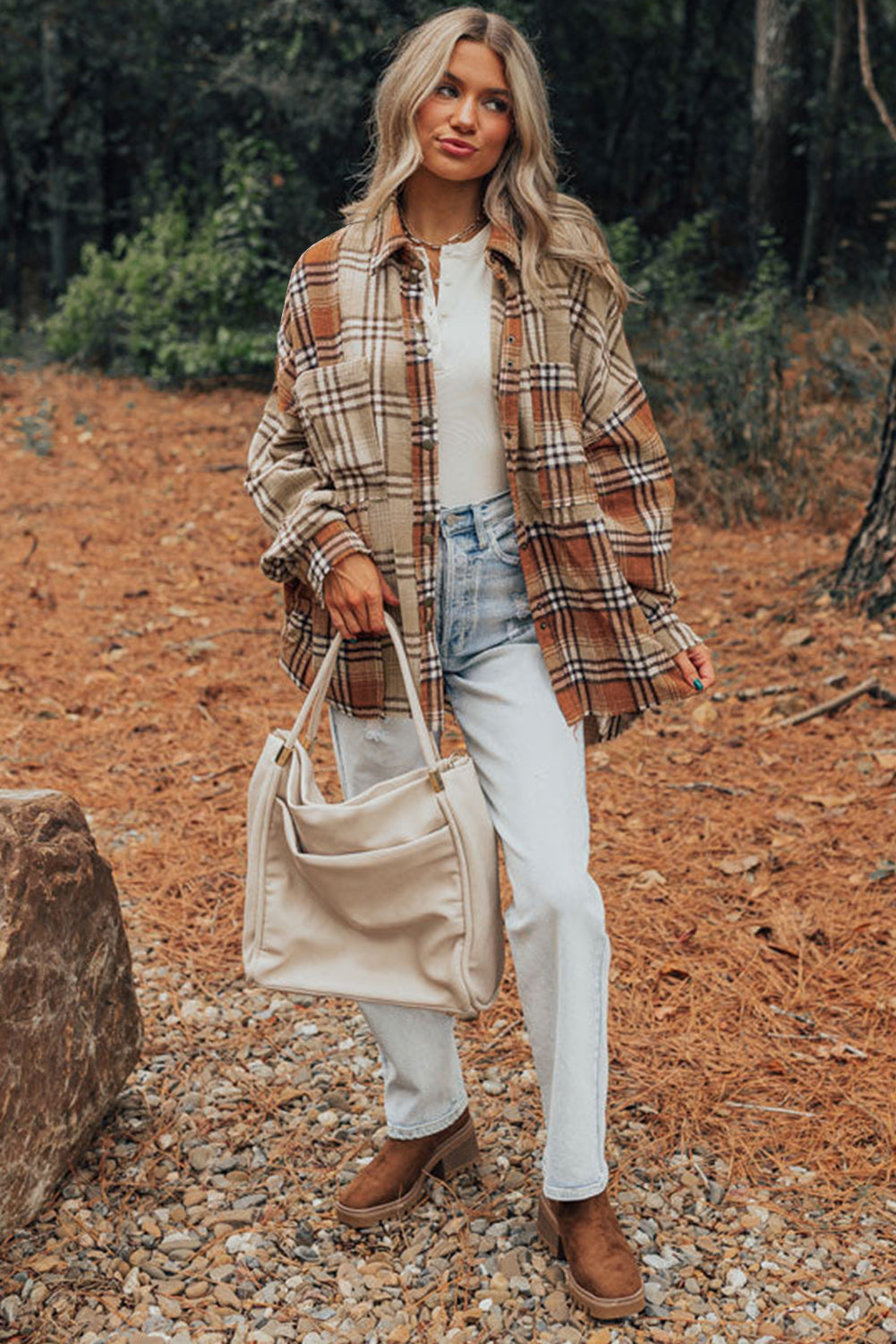 Khaki Plaid Pocket Patchwork High Low Shacket