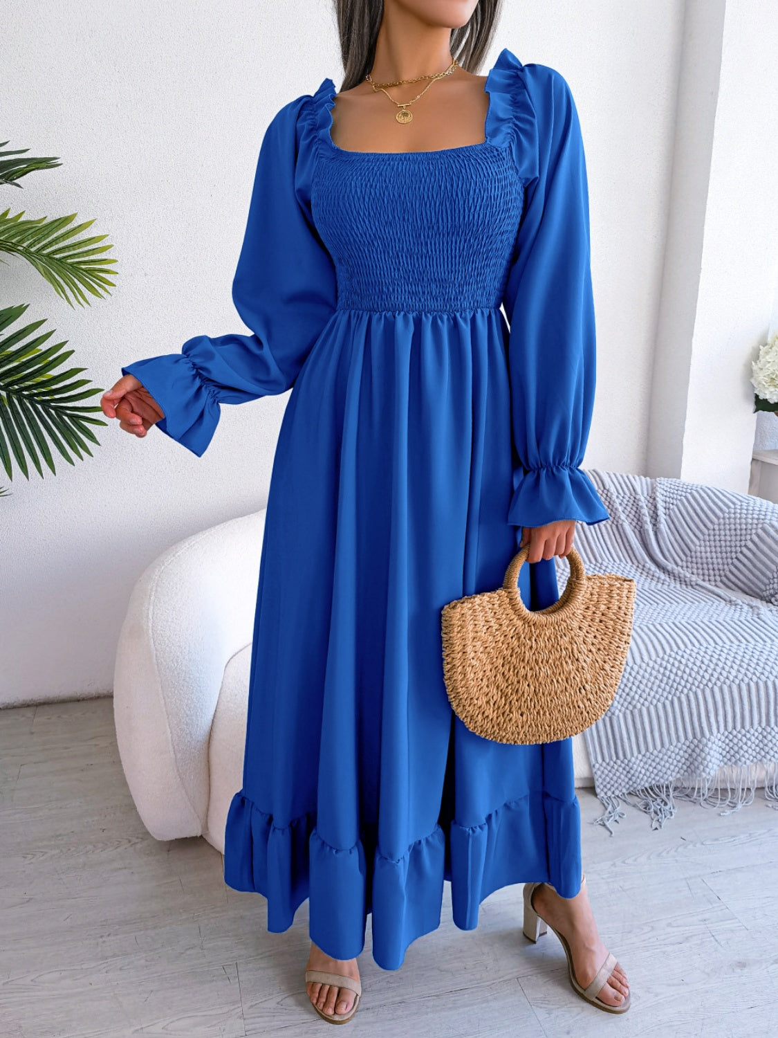 Smocked Square Neck Flounce Sleeve Dress