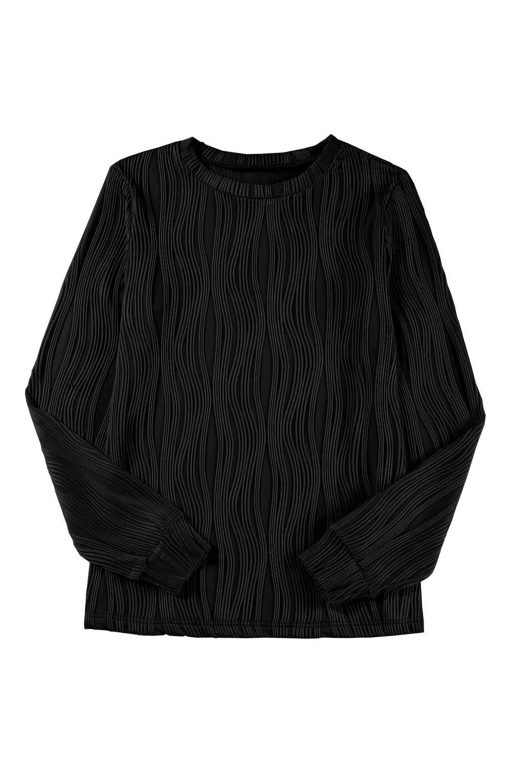 Black Wavy Textured Solid Color Drop Shoulder Pullover Top