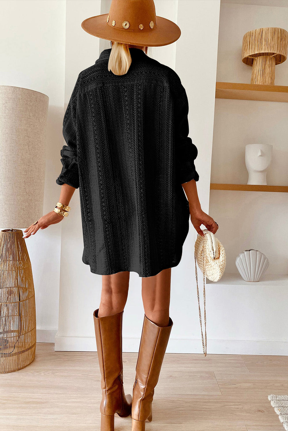 Black Lace Crochet Collared Button Up Oversized Shirt