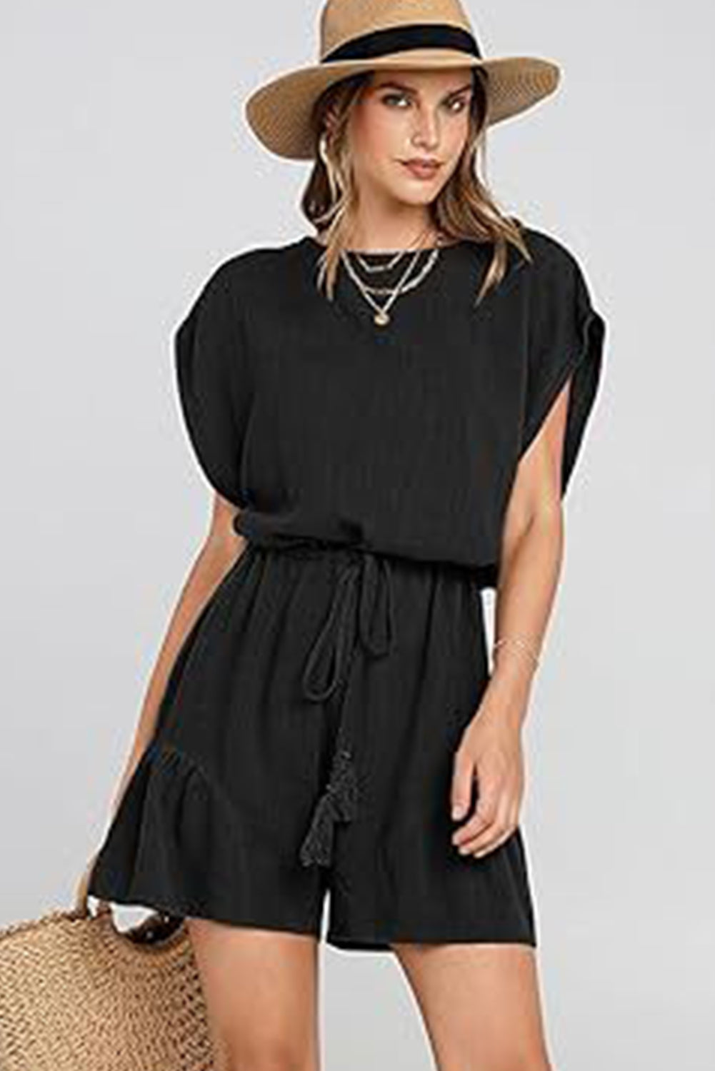 Black Casual Loose Drawstring Waist Short Sleeve Romper