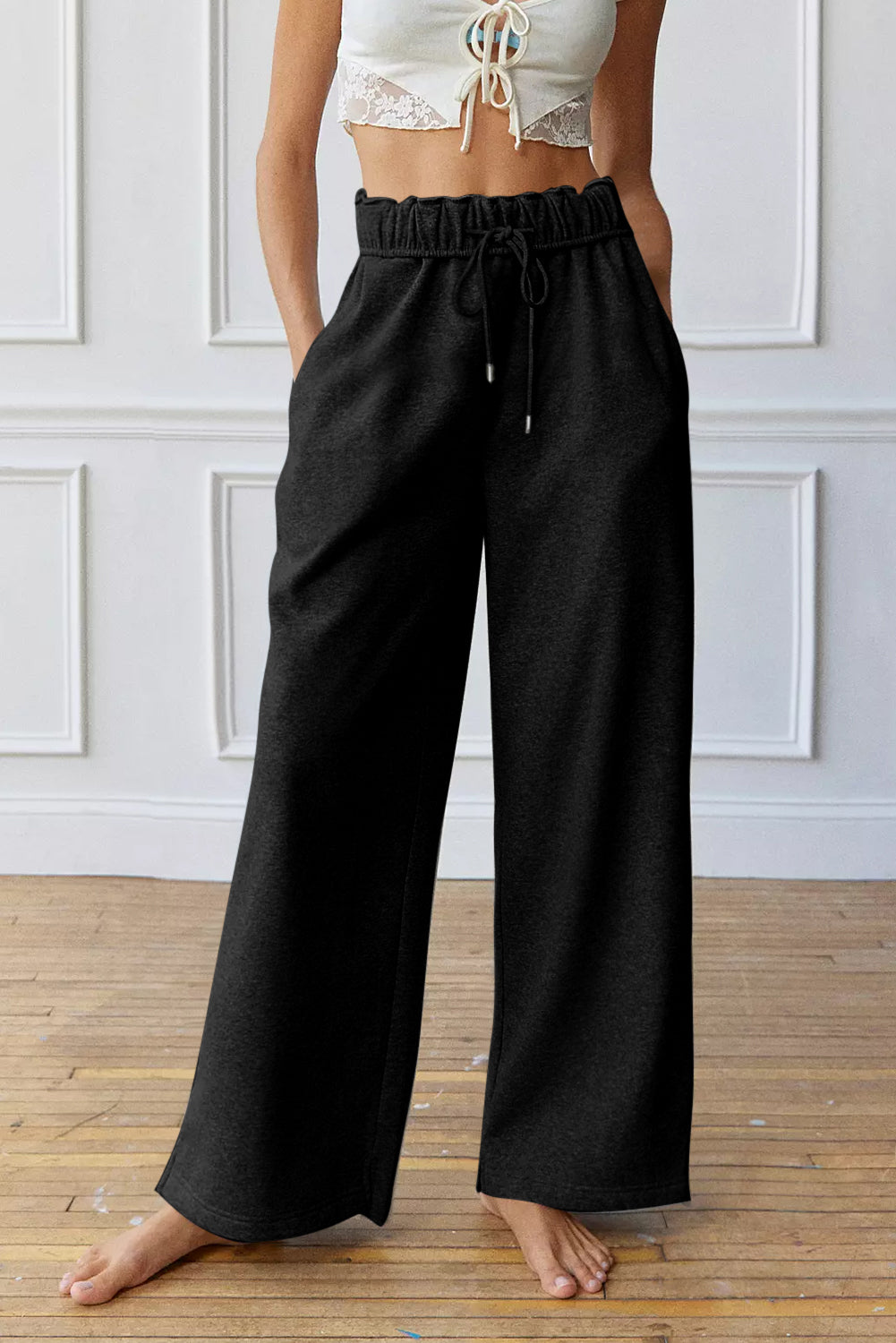 Black Elastic High Waist Drawstring Wide Leg Pants