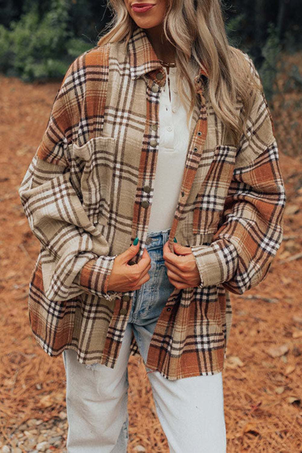 Khaki Plaid Pocket Patchwork High Low Shacket