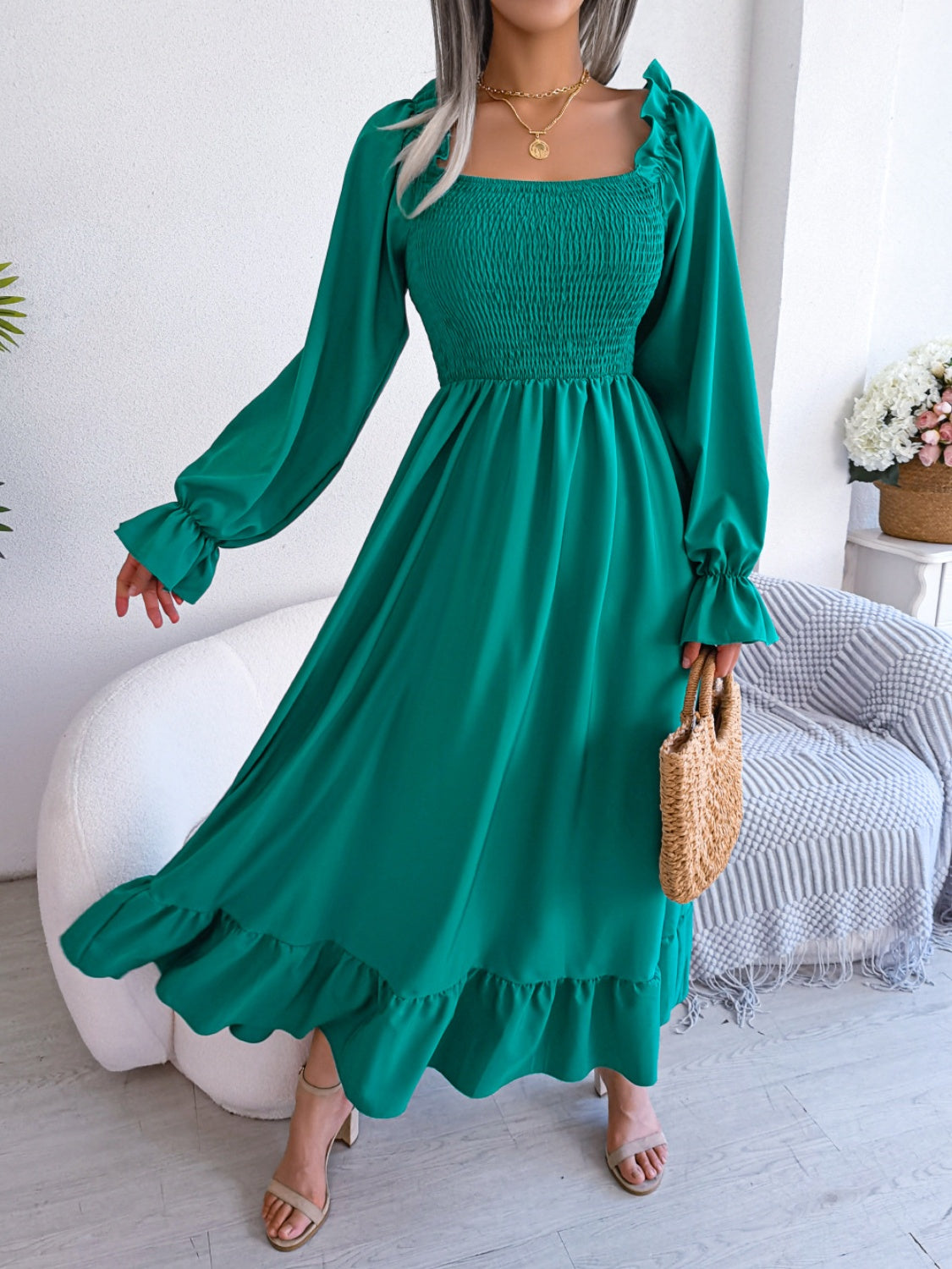 Smocked Square Neck Flounce Sleeve Dress