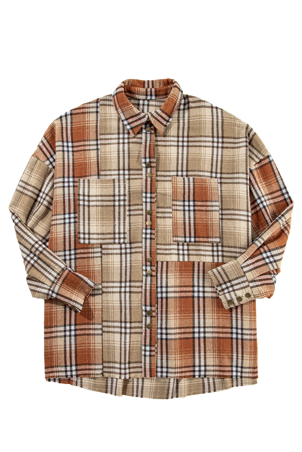 Khaki Plaid Pocket Patchwork High Low Shacket