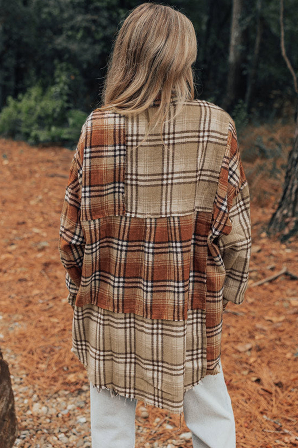 Khaki Plaid Pocket Patchwork High Low Shacket