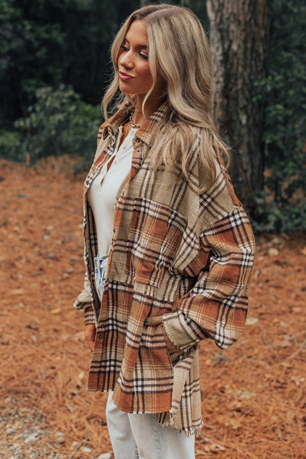 Khaki Plaid Pocket Patchwork High Low Shacket