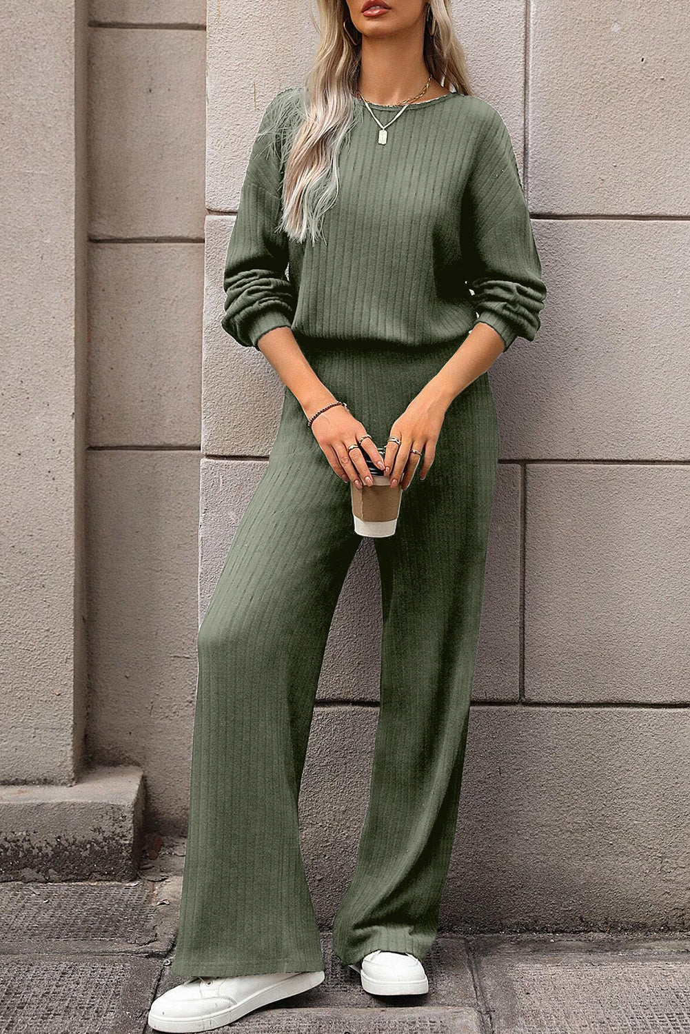 Black Solid Ribbed Knit Keyhole Back High Waist Jumpsuit