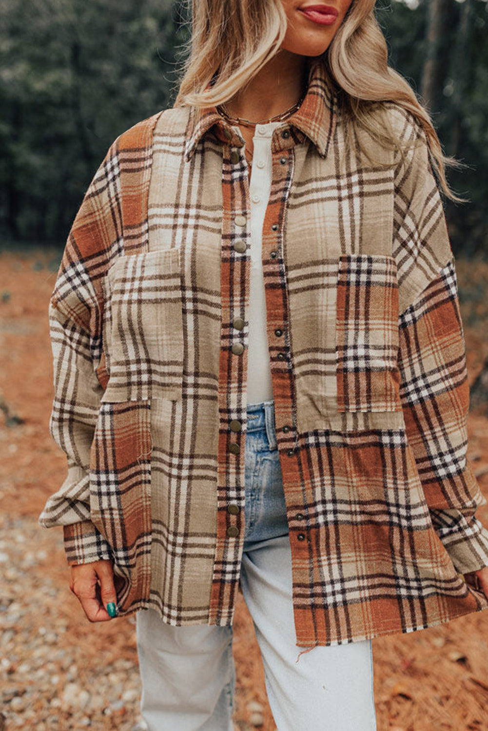 Khaki Plaid Pocket Patchwork High Low Shacket