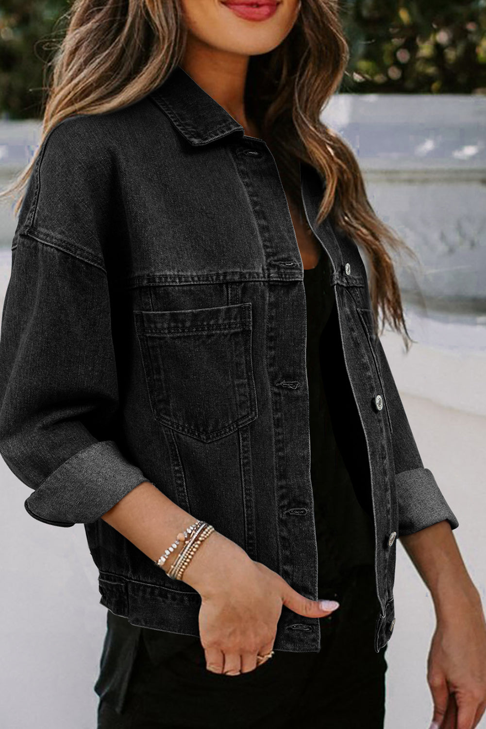 Dark Blue Washed Oversized Pocketed Denim Jacket