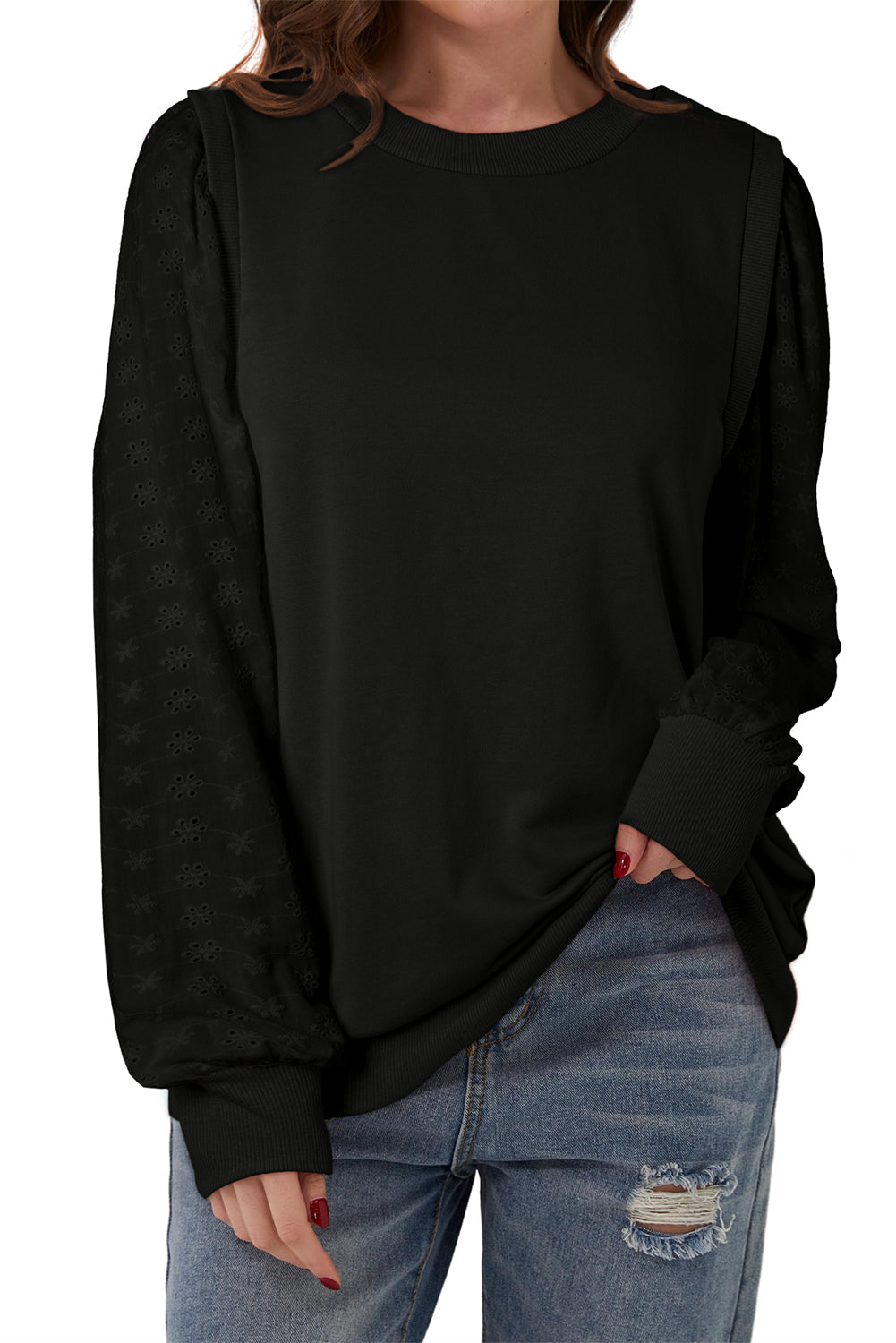 Black Eyelet Embroidered Patchwork Sleeve Ribbed Sweatshirt