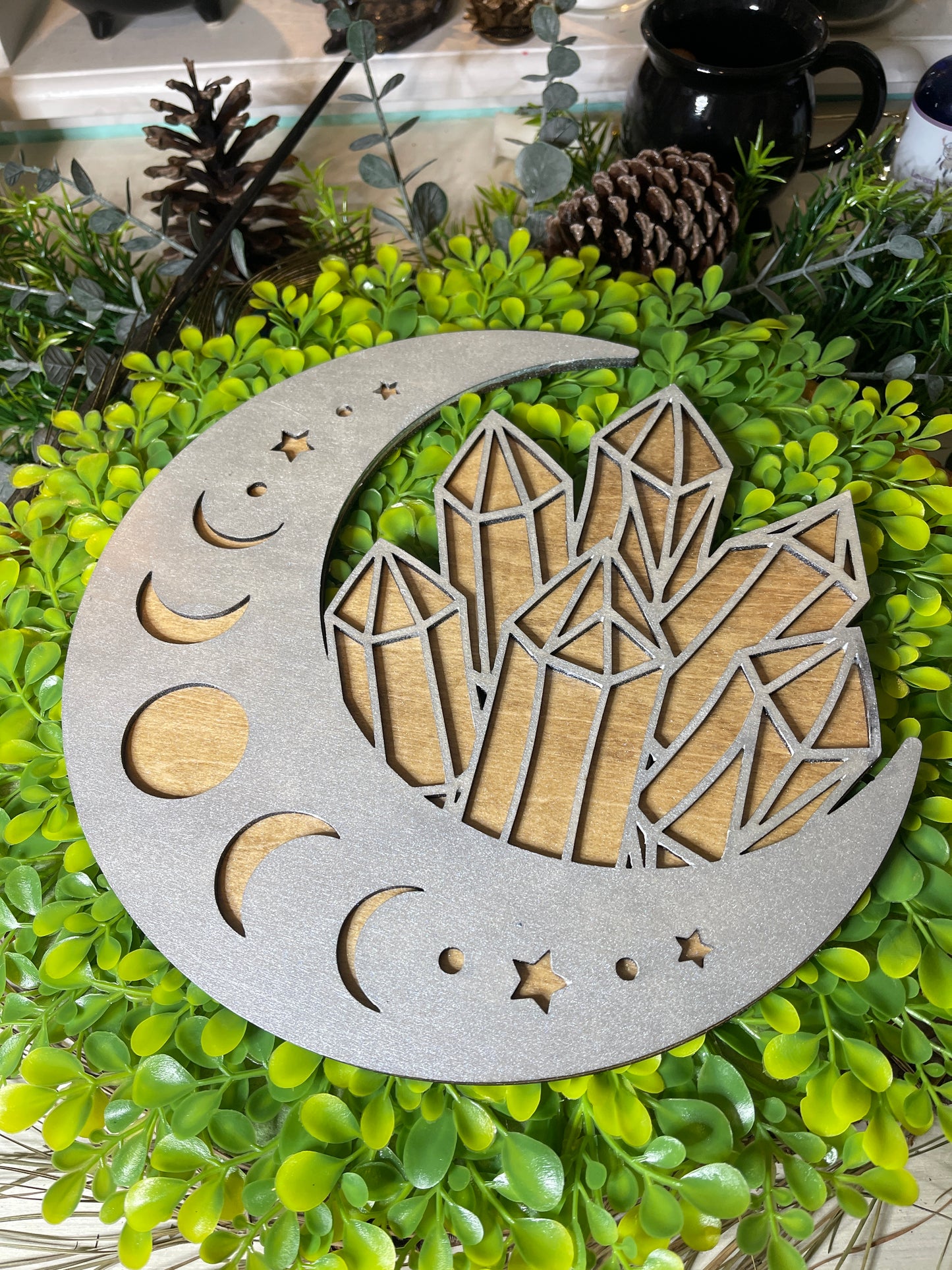 Laser Cut Moon and Crystal Wall Hanging