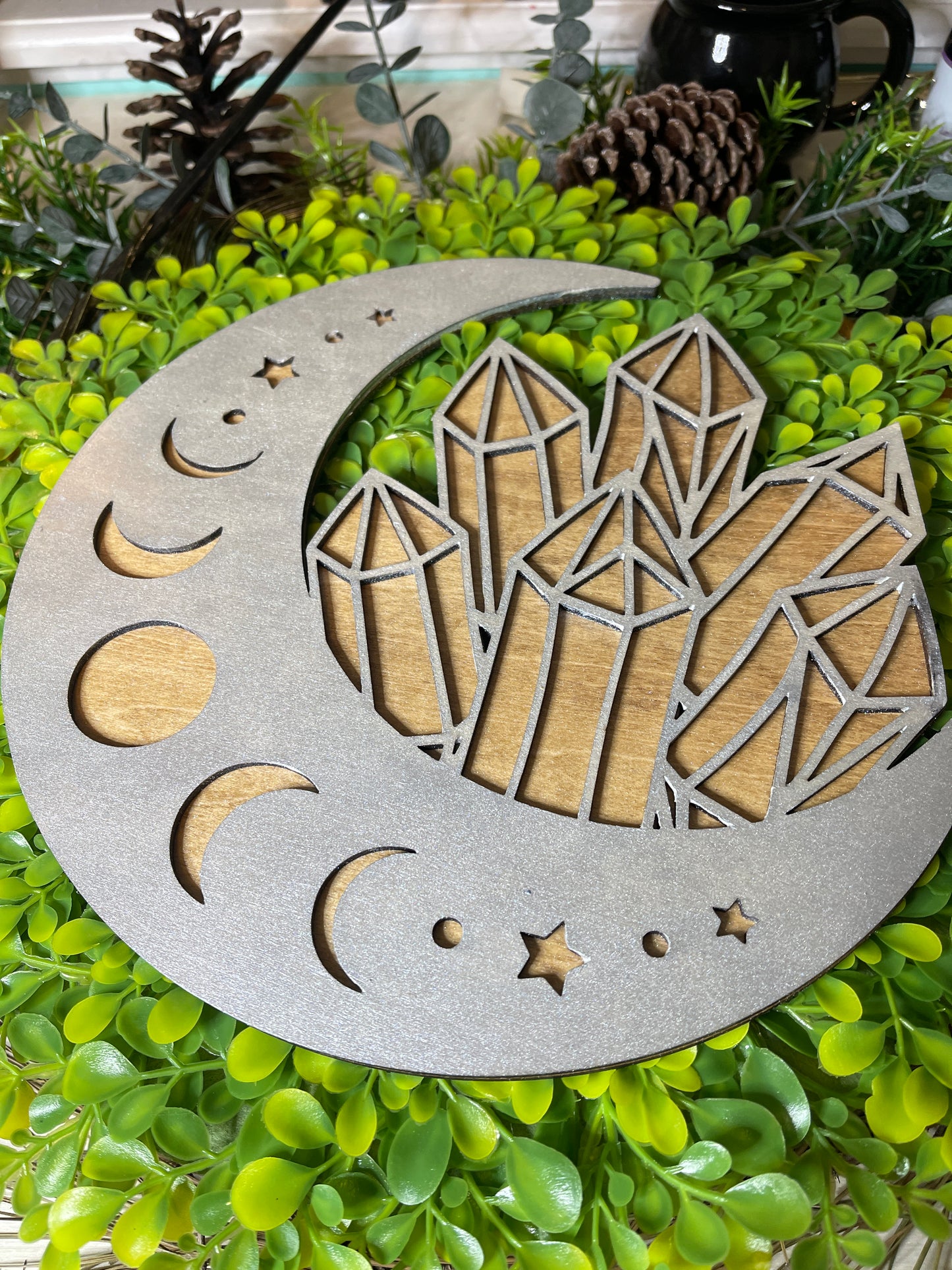 Laser Cut Moon and Crystal Wall Hanging