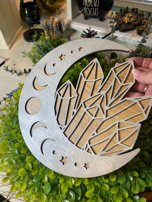 Laser Cut Moon and Crystal Wall Hanging