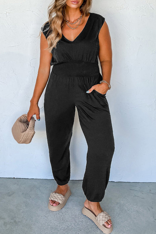 Black Plus Size Smocked High Waist Sleeveless V Neck Jumpsuit