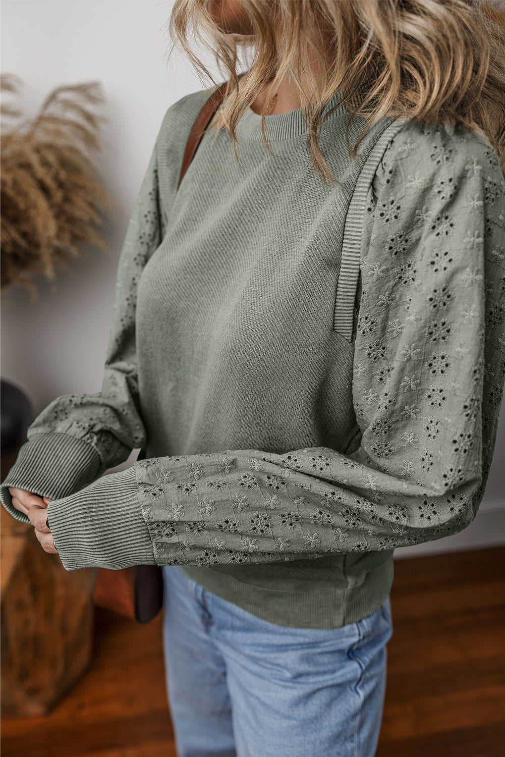 Black Eyelet Embroidered Patchwork Sleeve Ribbed Sweatshirt