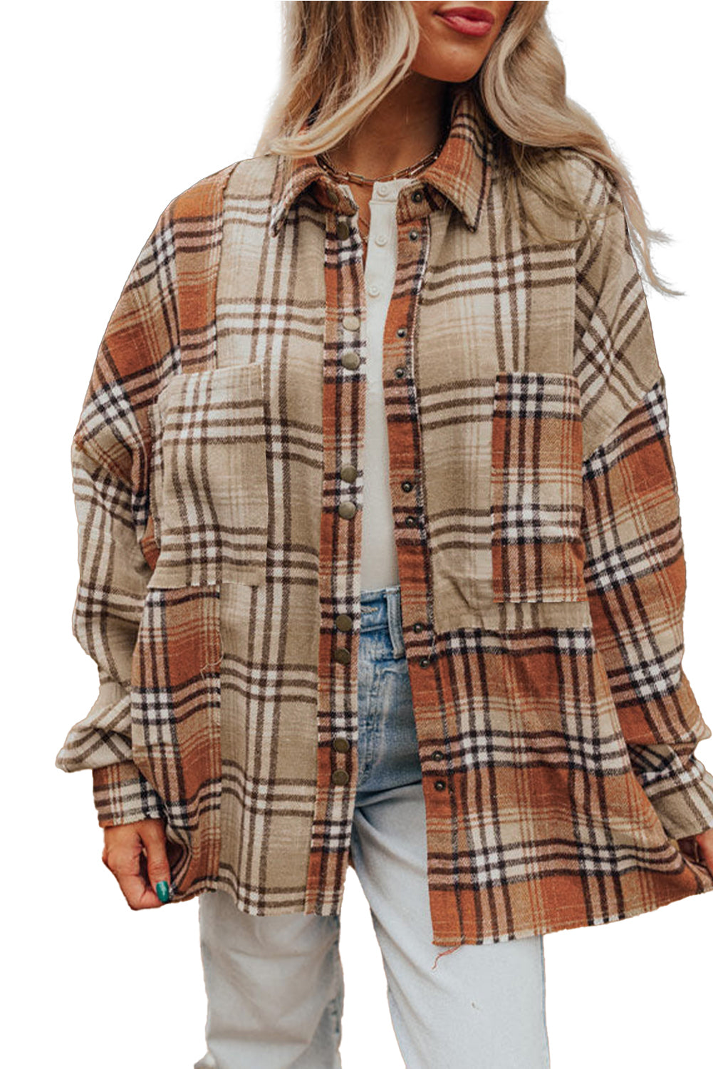 Khaki Plaid Pocket Patchwork High Low Shacket