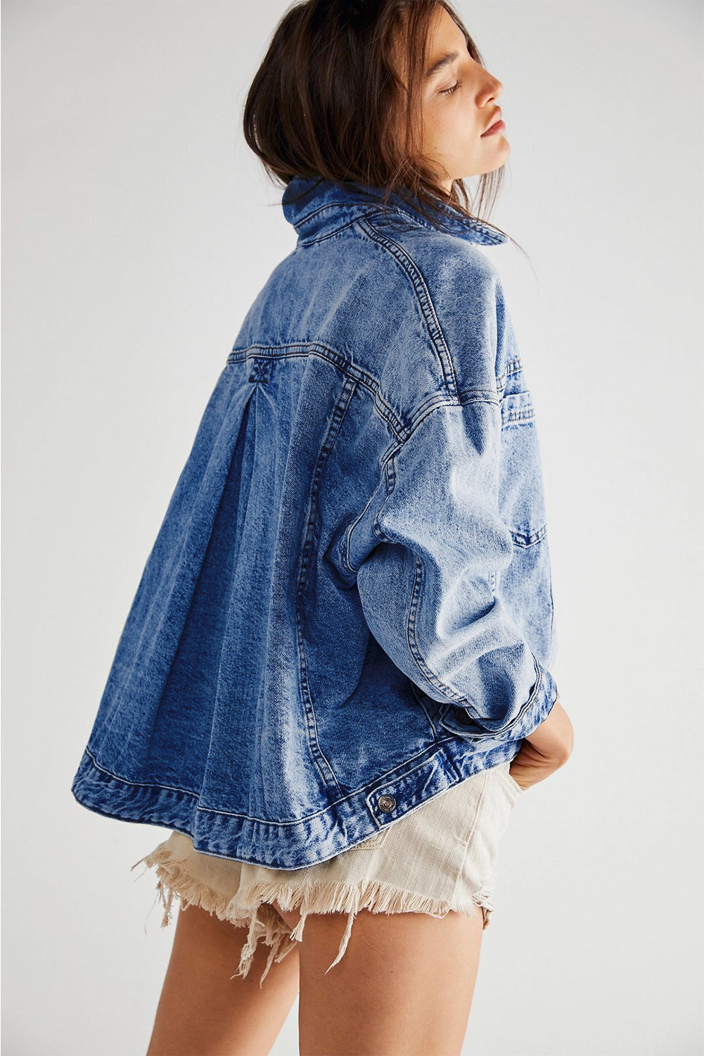 Dark Blue Washed Oversized Pocketed Denim Jacket