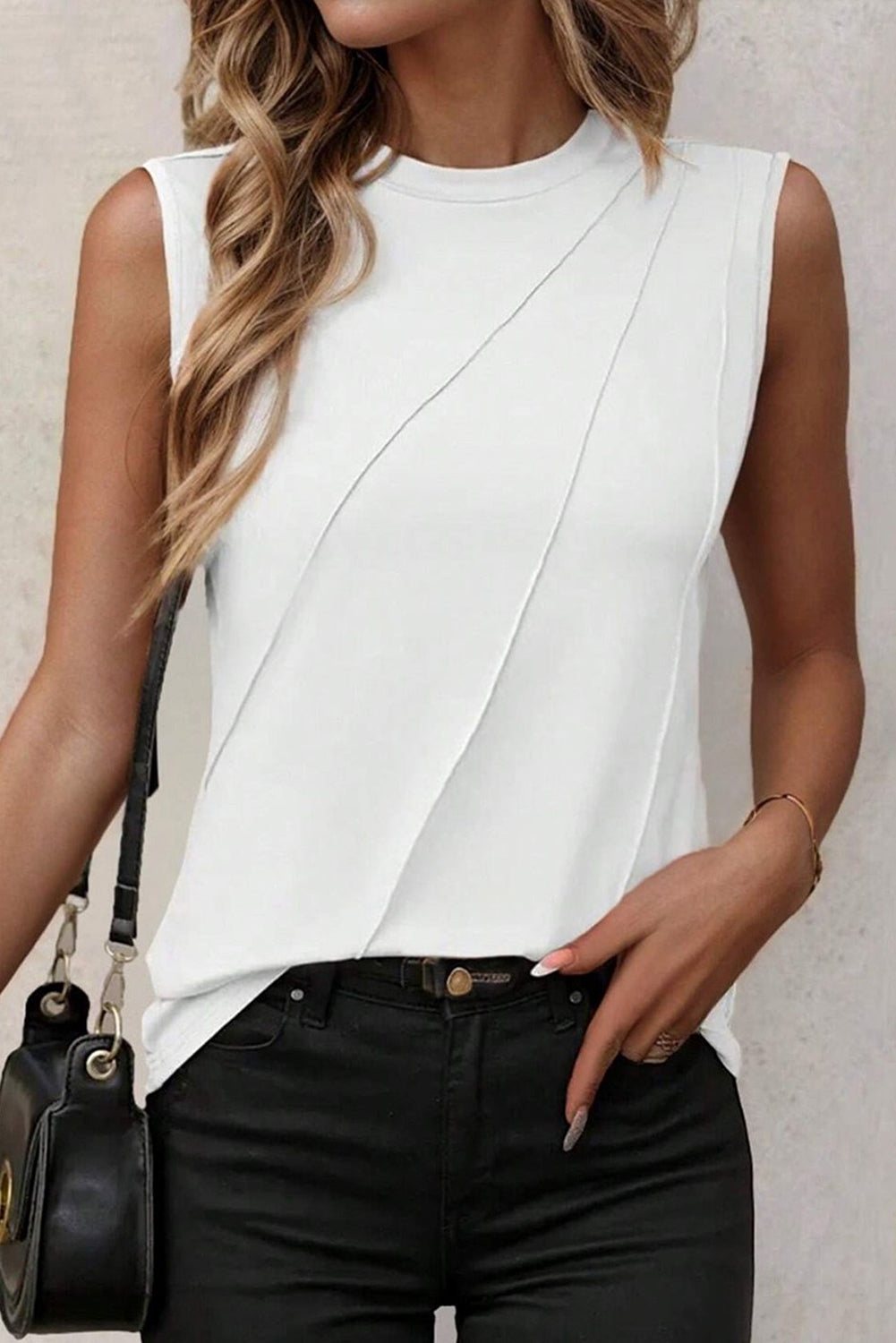 Gray Solid Color Crew Neck Pleated Sleeveless Top