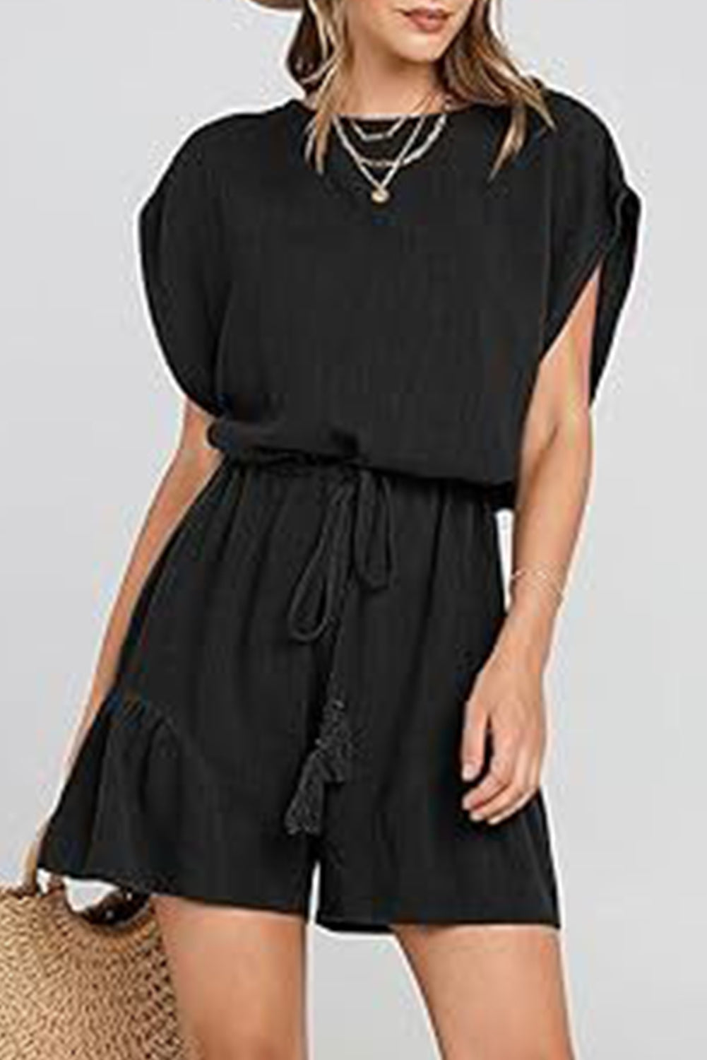 Black Casual Loose Drawstring Waist Short Sleeve Romper