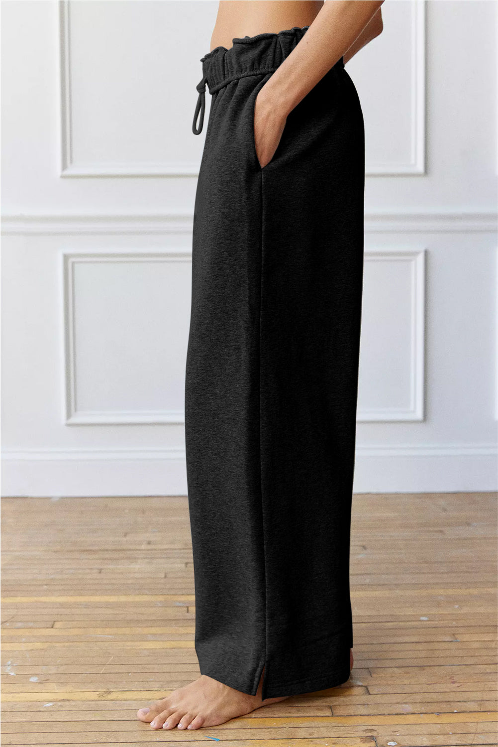 Black Elastic High Waist Drawstring Wide Leg Pants