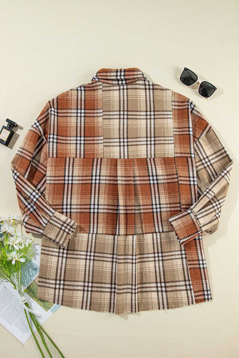 Khaki Plaid Pocket Patchwork High Low Shacket