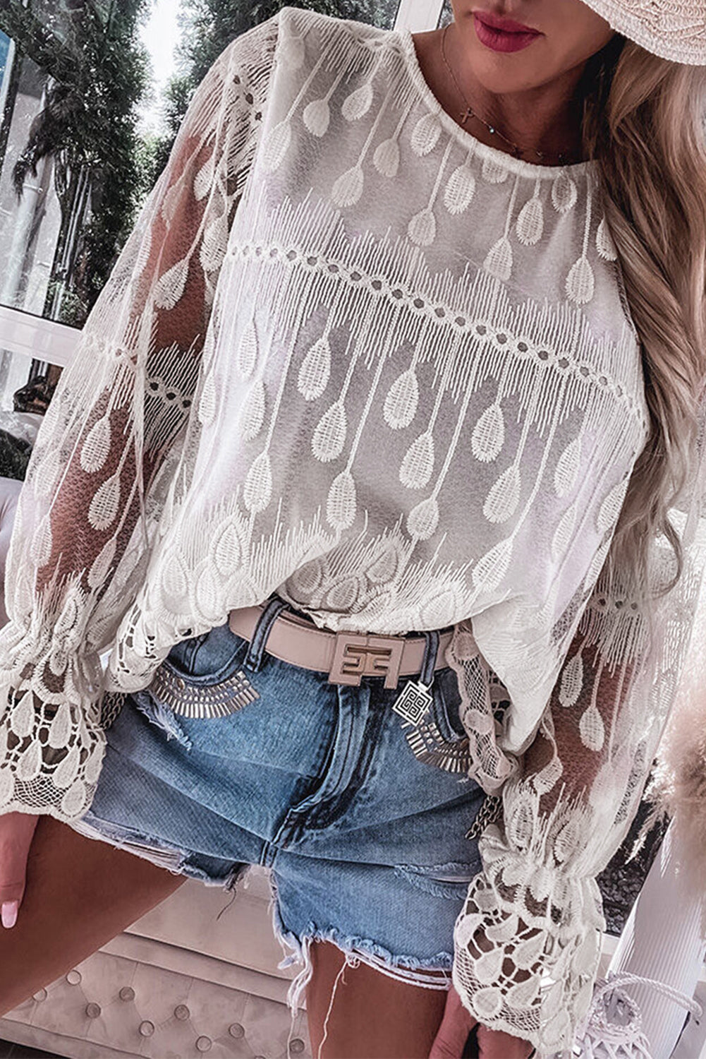 White Embroidered Mesh Flounce Sleeve Blouse