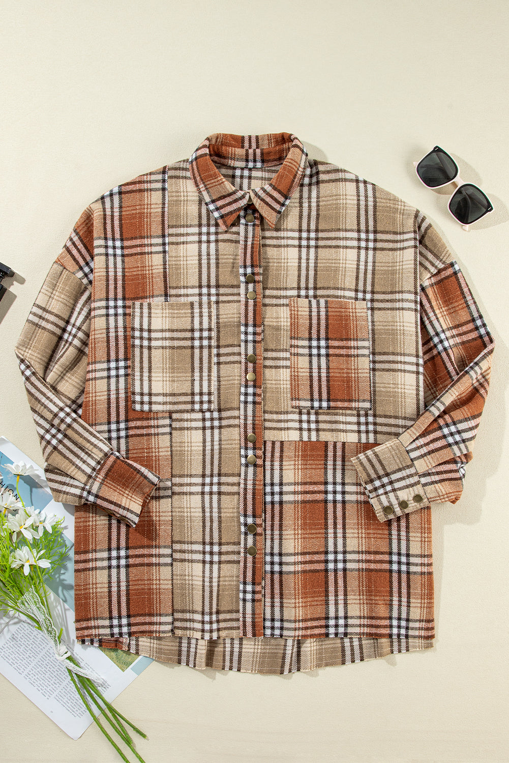 Khaki Plaid Pocket Patchwork High Low Shacket